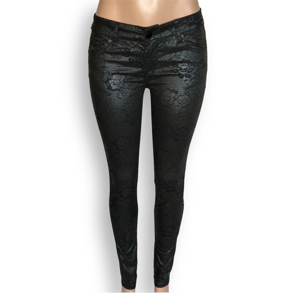 Tinseltown Black Floral Pattern Shiny Mid Rise Skinny Pants Size 7 (#39)